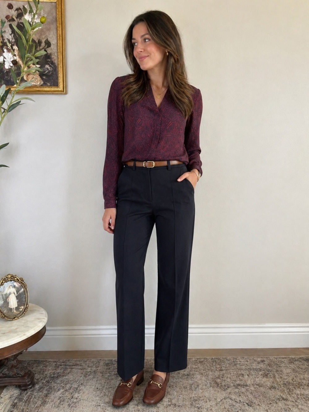 J. Jill Wearever Petite Paisley Blouse S Burgundy Stretch V-Neck Work Top